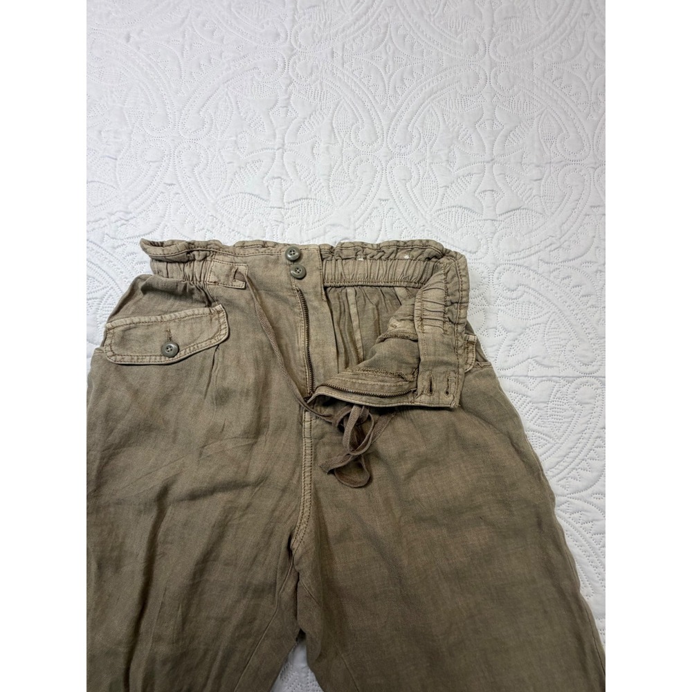 Linen Blend Paperbag Waist Drawstring Utility Pants Olive Green Khaki Relaxed - Picture 3 of 10